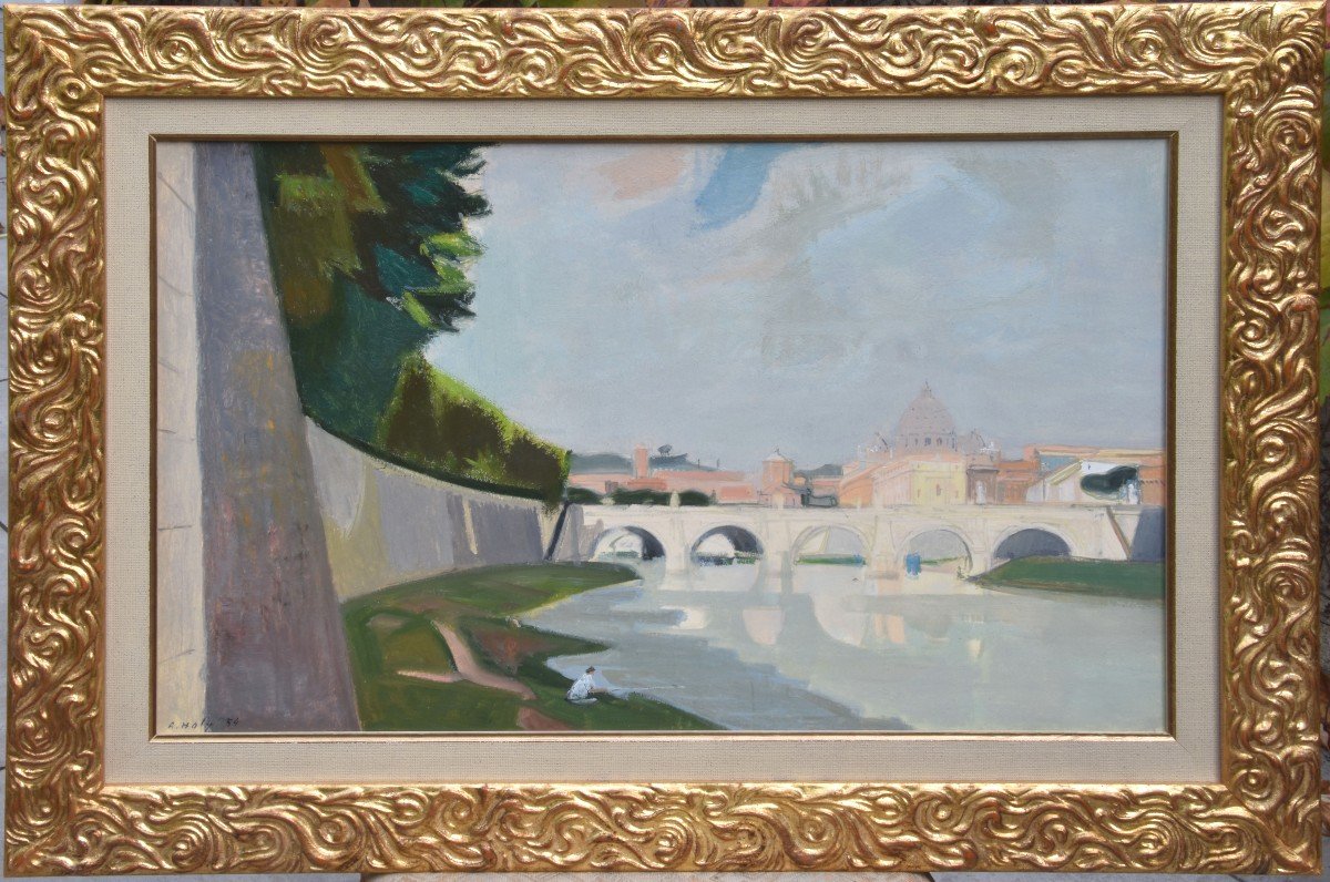 Adrian HOLY "Les quais du Tibre à Rome" 1954 Huile sur carton 37x58